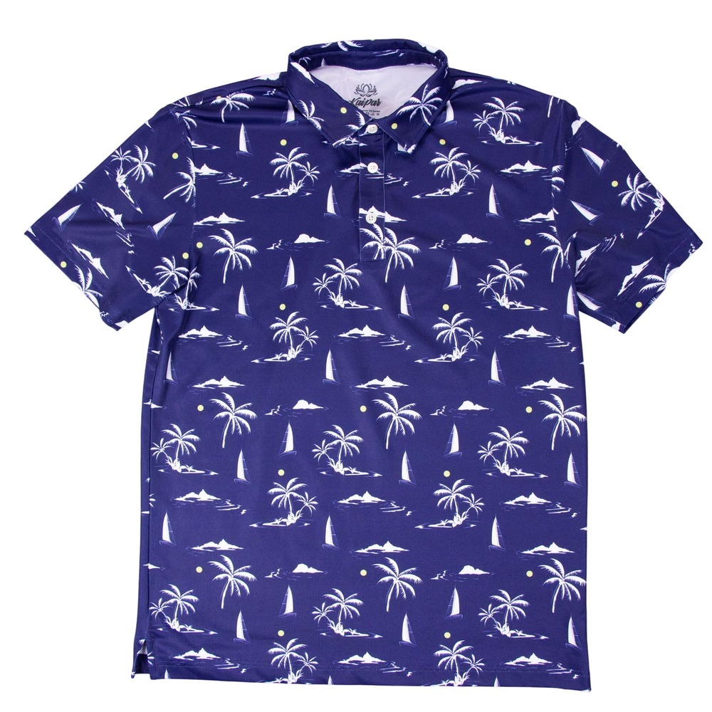 Kaipar Mens L Blue Hawaiian Palm Tree Sailboat Print Performance Golf Polo Shirt